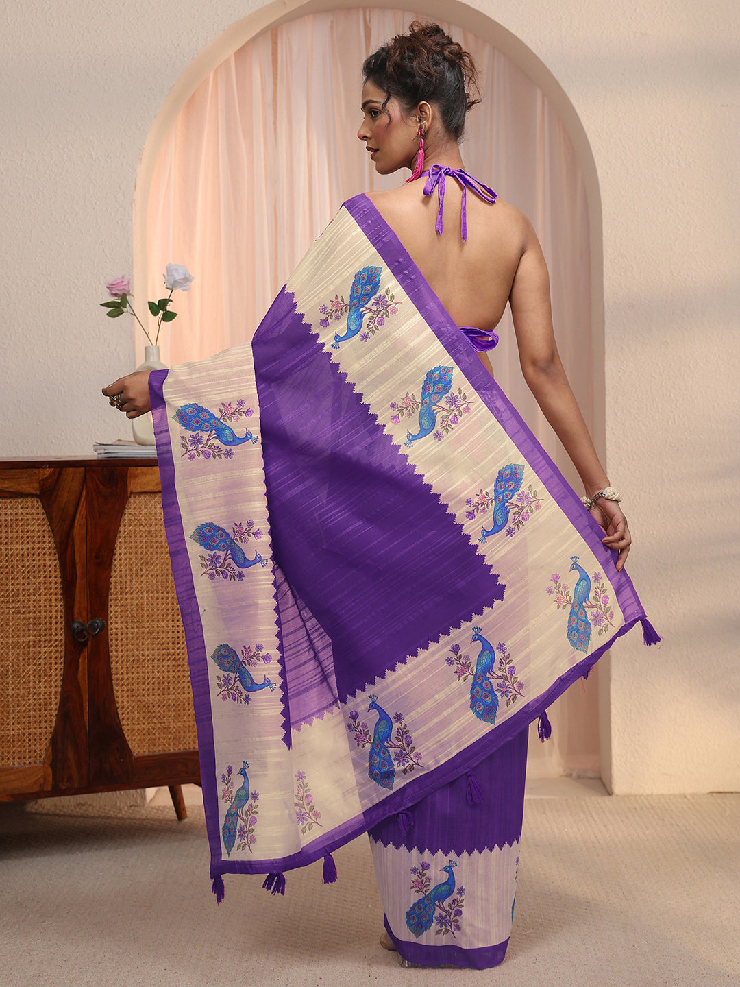 Libas Purple Peacock Woven Design Silk Blend Tassel Saree