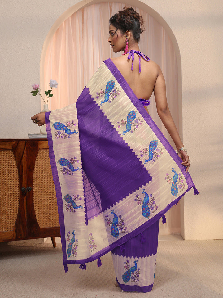 Libas Purple Peacock Woven Design Silk Blend Tassel Saree