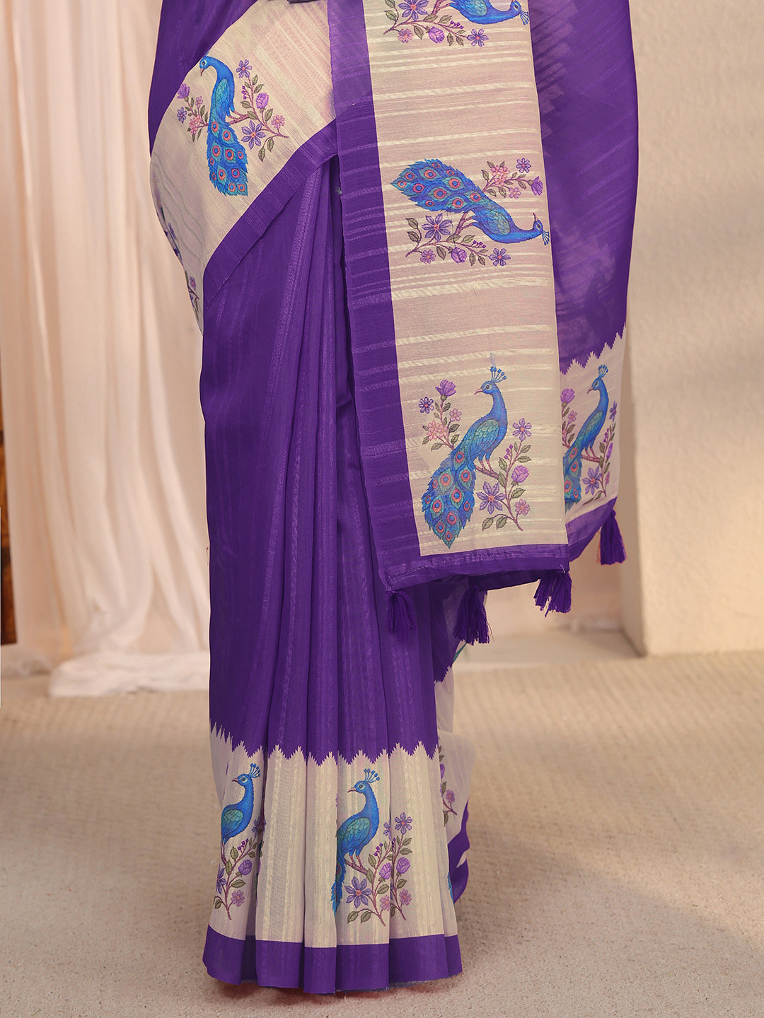 Libas Purple Peacock Woven Design Silk Blend Tassel Saree