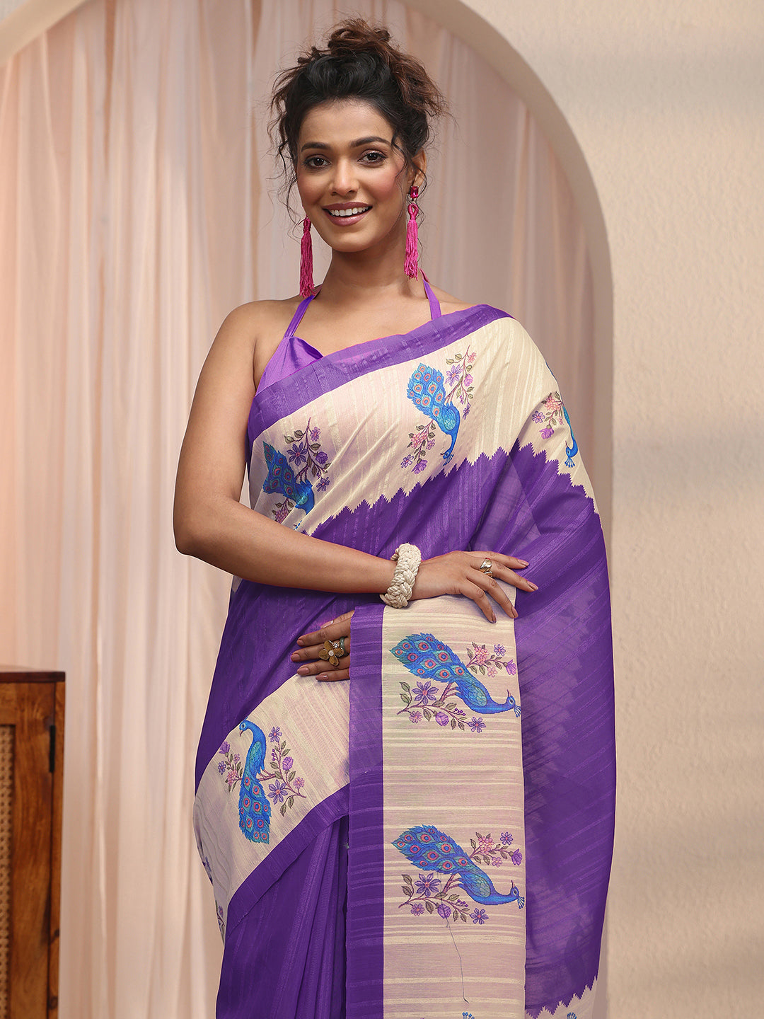 Libas Purple Peacock Woven Design Silk Blend Tassel Saree