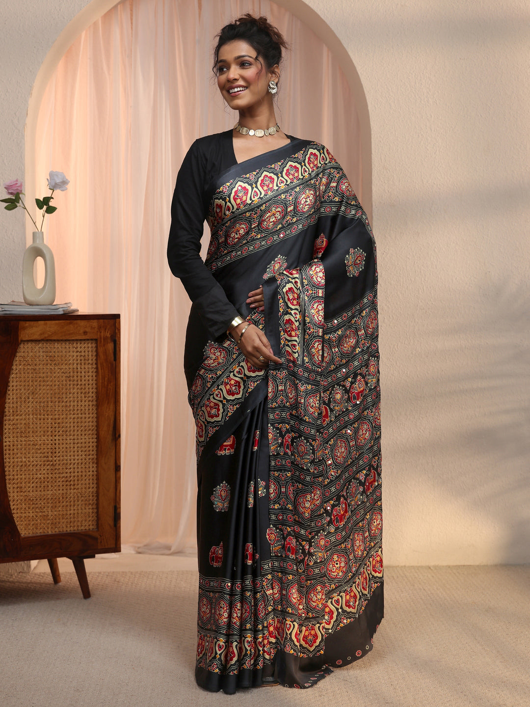 Libas Black Mirror Work Ethnic Print Satin Saree