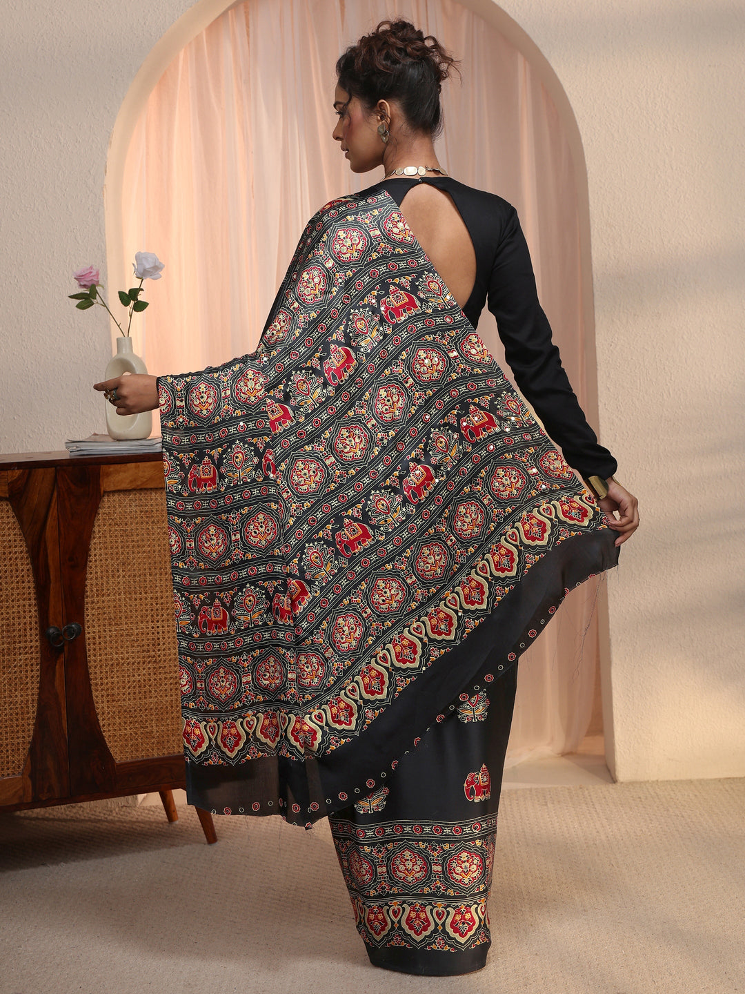 Libas Black Mirror Work Ethnic Print Satin Saree