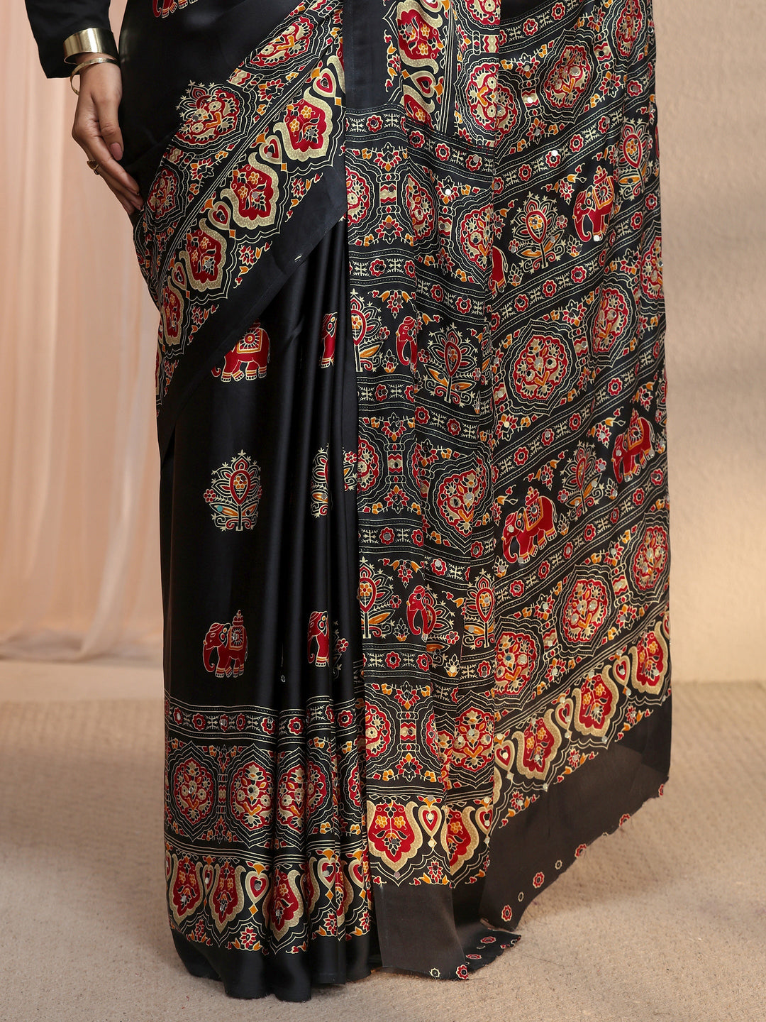 Libas Black Mirror Work Ethnic Print Satin Saree