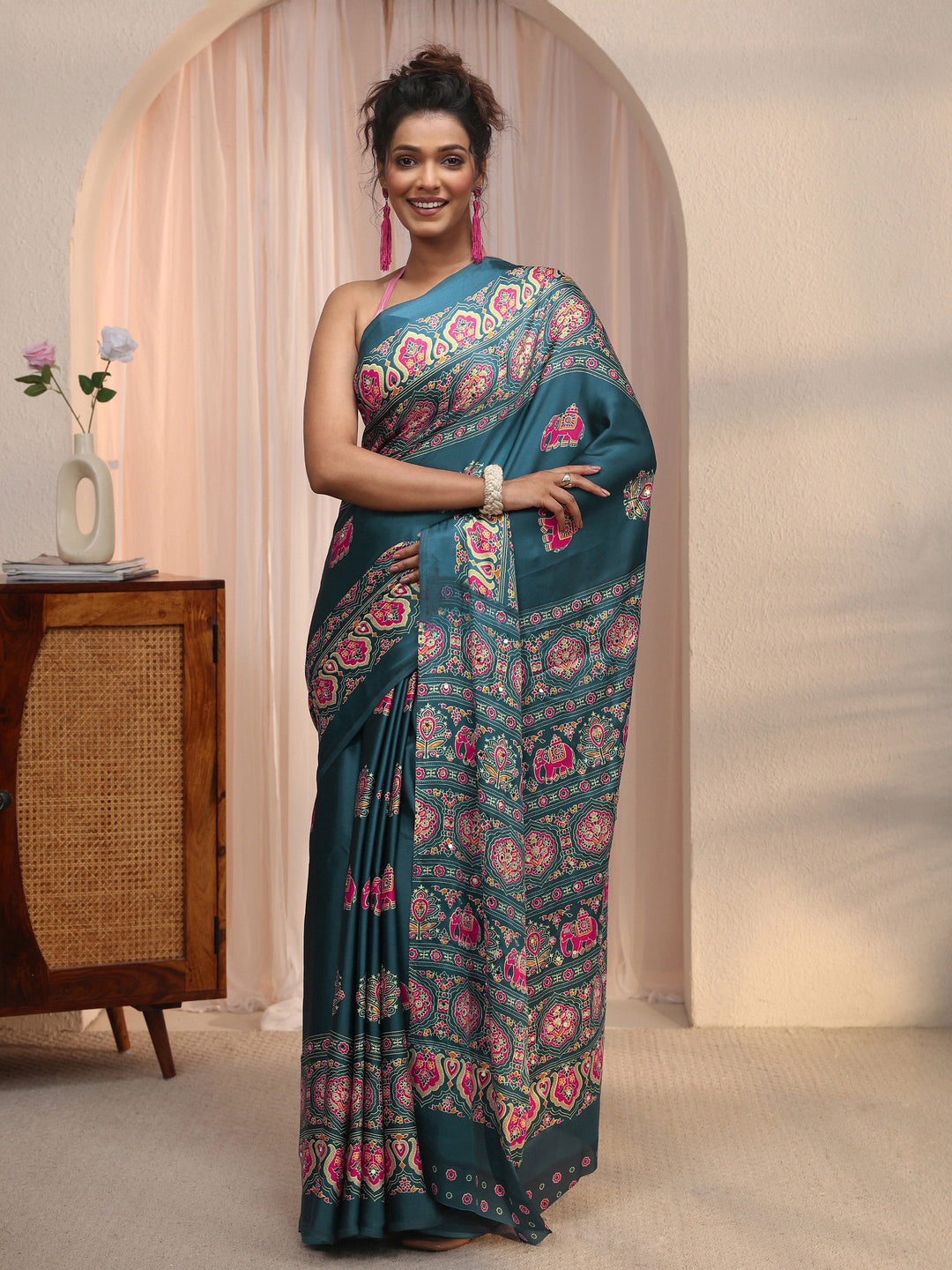 Libas Teal Blue Mirror Work Ethnic Print Satin Saree