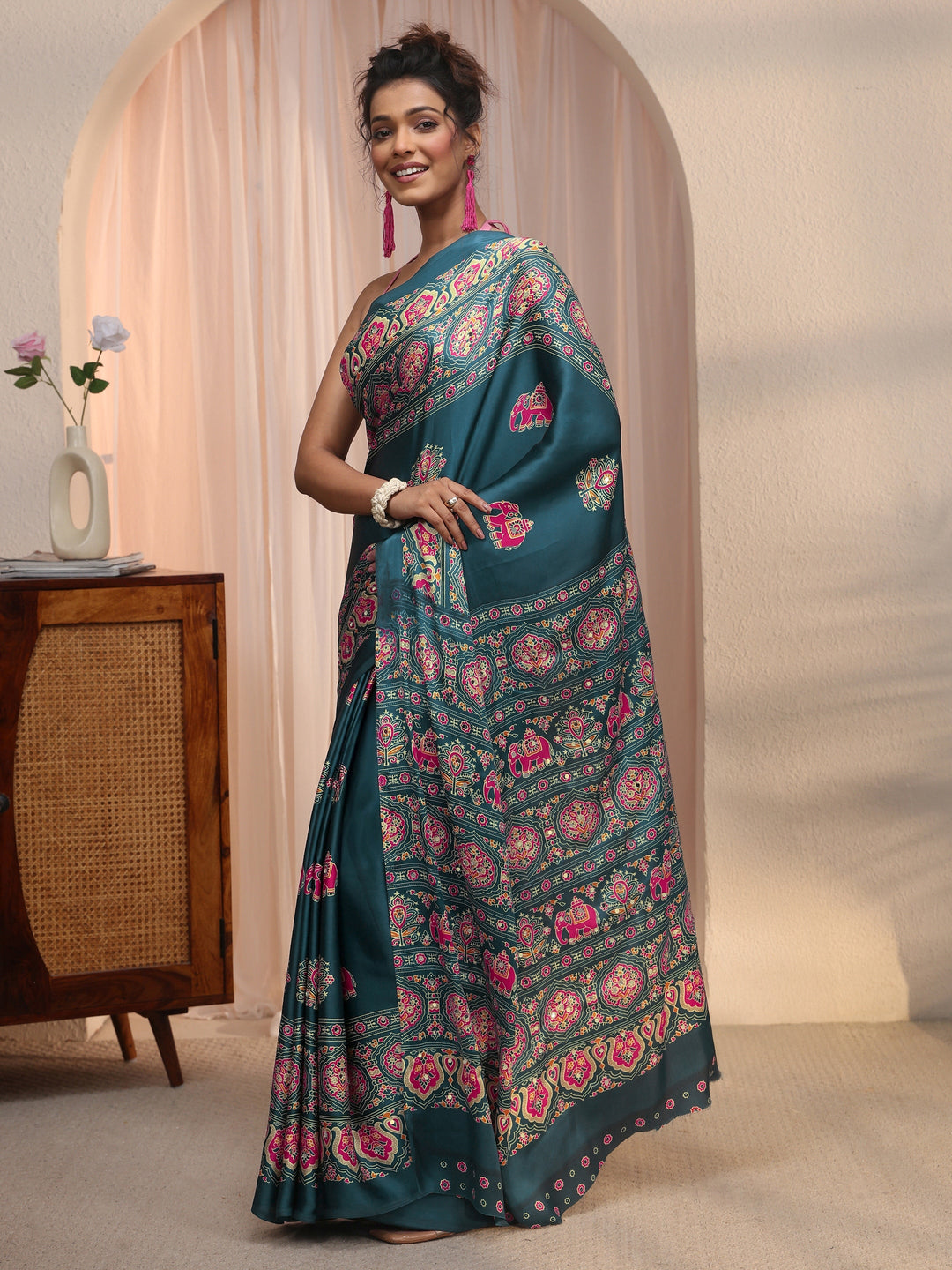 Libas Teal Blue Mirror Work Ethnic Print Satin Saree