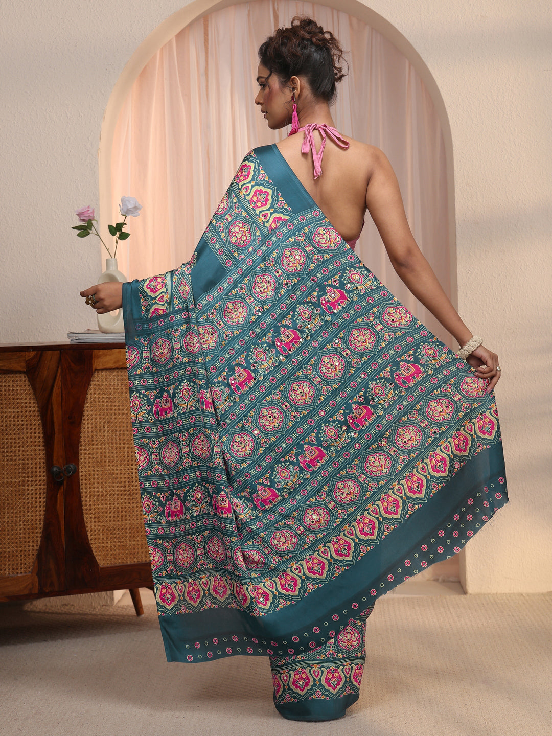 Libas Teal Blue Mirror Work Ethnic Print Satin Saree