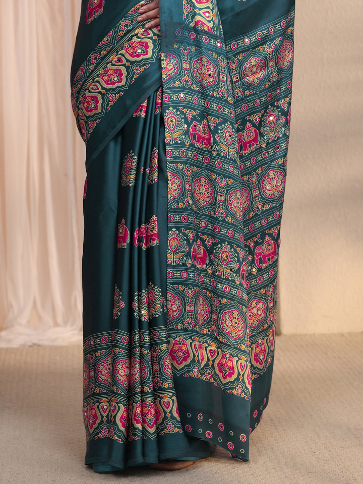 Libas Teal Blue Mirror Work Ethnic Print Satin Saree