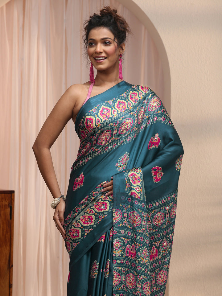 Libas Teal Blue Mirror Work Ethnic Print Satin Saree