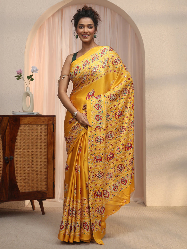 Libas Yellow Mirror Work Ethnic Print Satin Saree