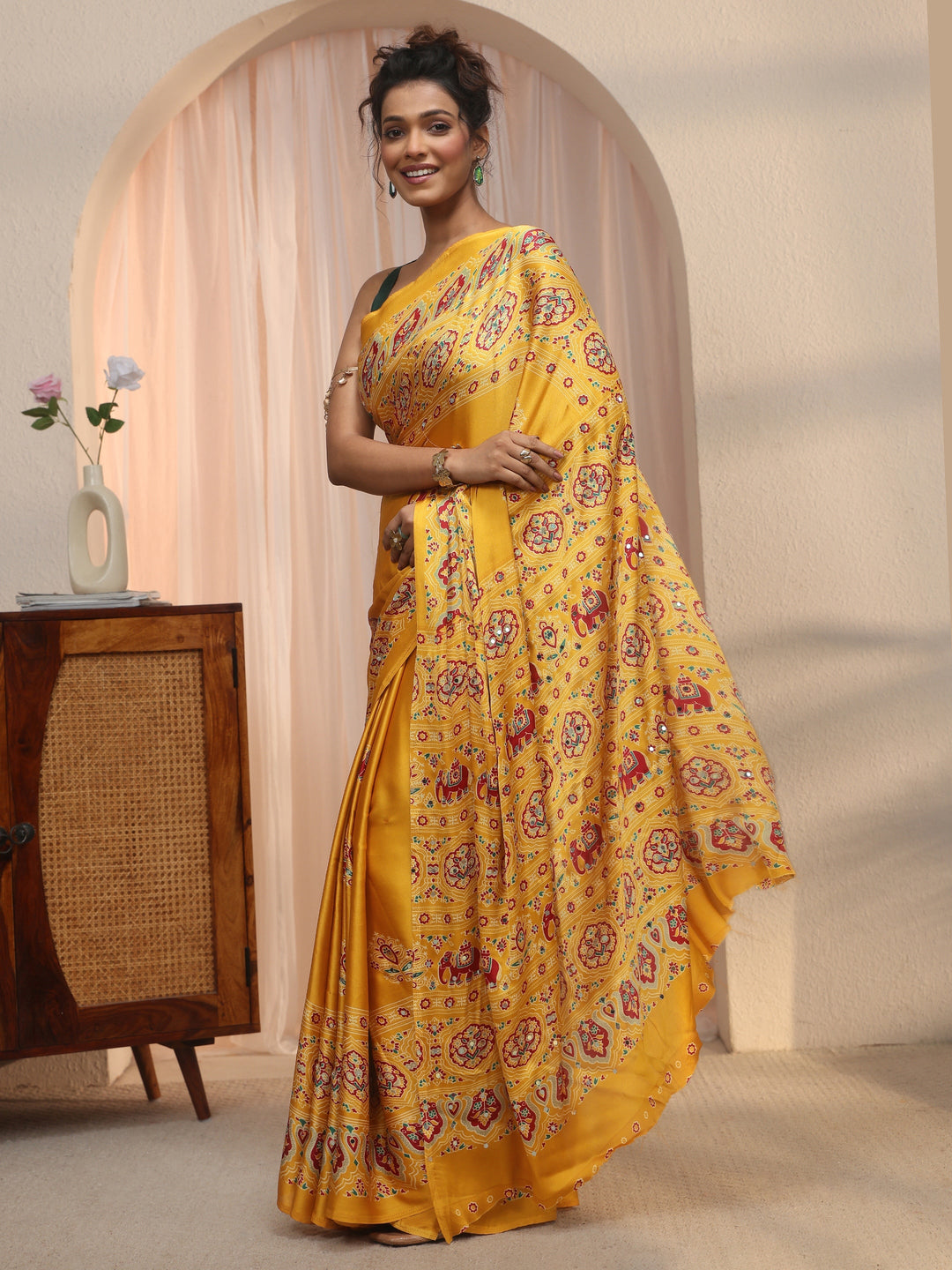 Libas Yellow Mirror Work Ethnic Print Satin Saree