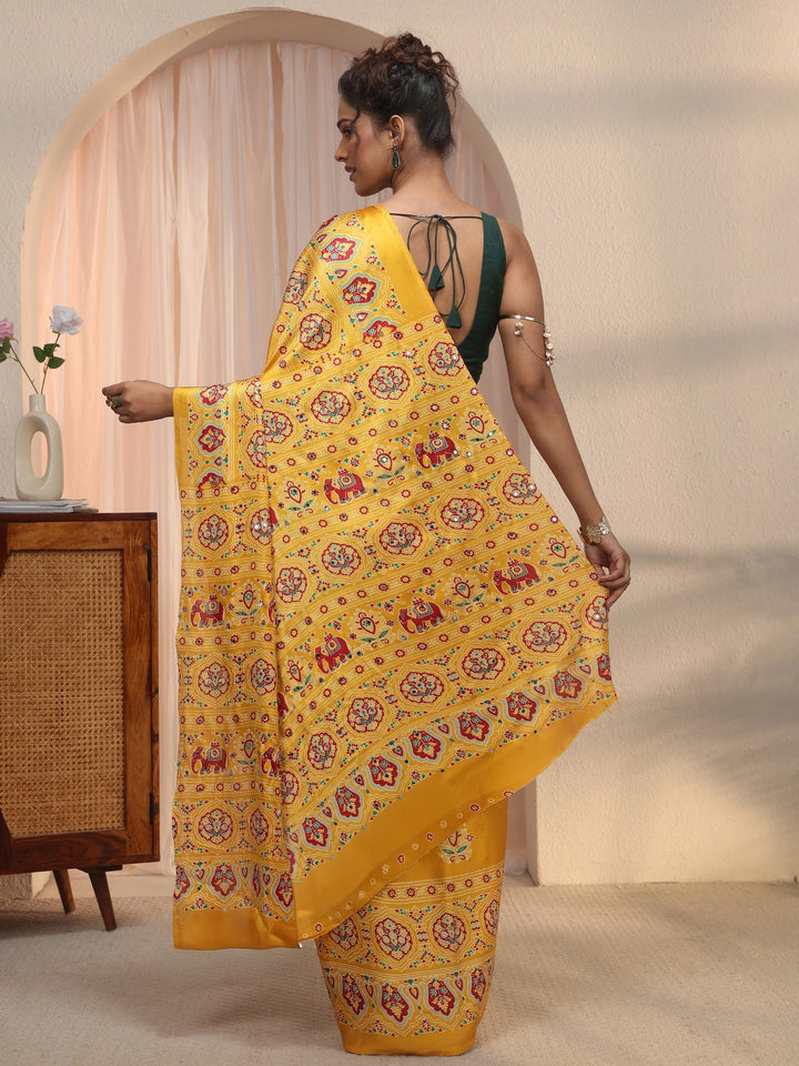 Libas Yellow Mirror Work Ethnic Print Satin Saree