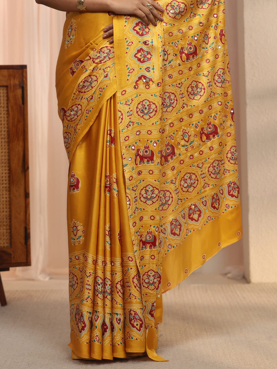 Libas Yellow Mirror Work Ethnic Print Satin Saree