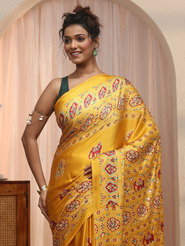 Libas Yellow Mirror Work Ethnic Print Satin Saree