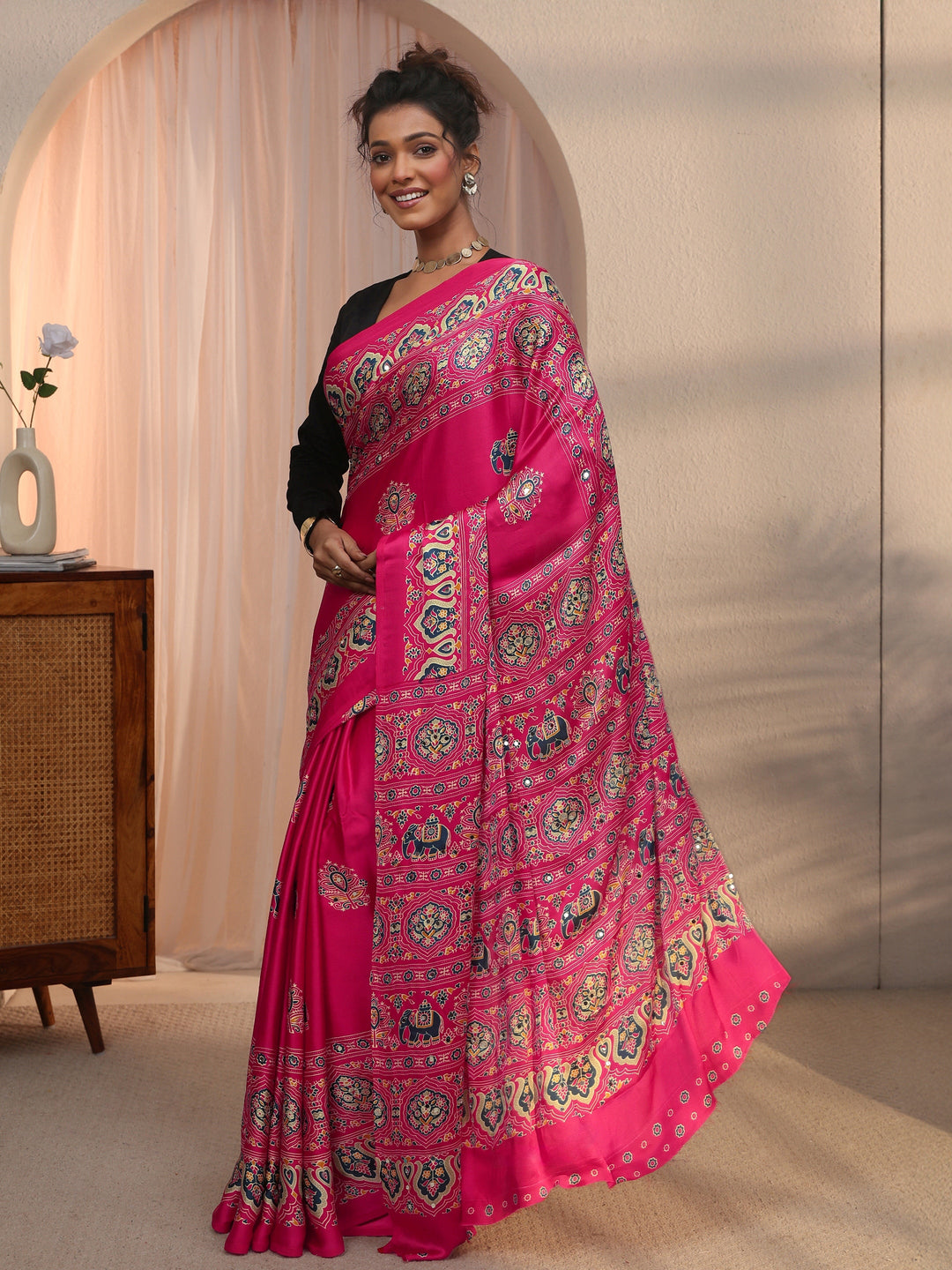 Libas Pink Mirror Work Ethnic Print Satin Saree