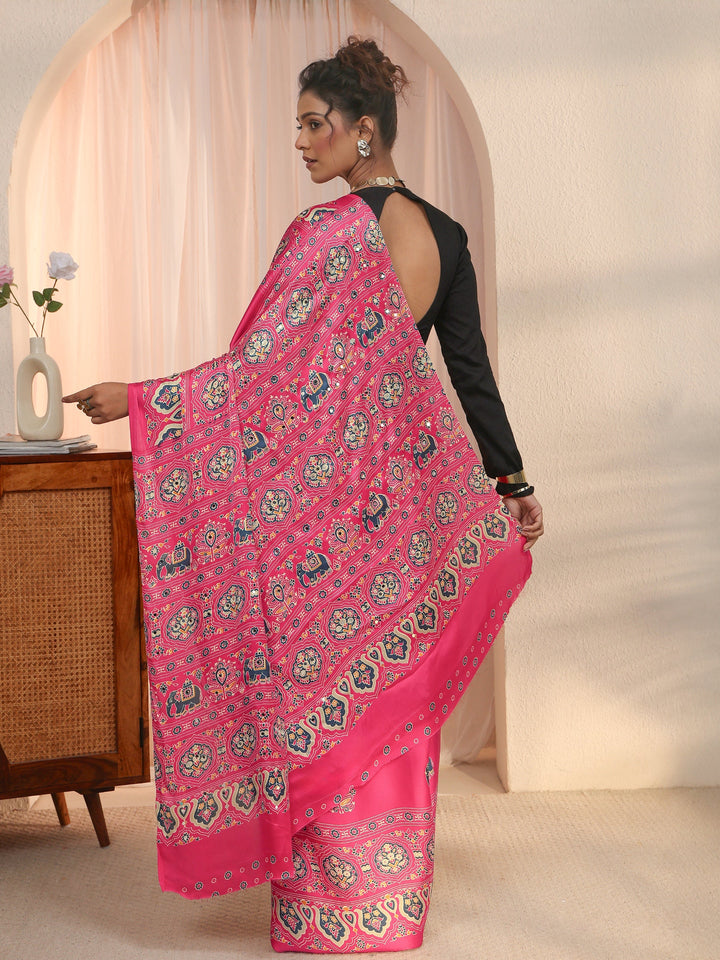Libas Pink Mirror Work Ethnic Print Satin Saree