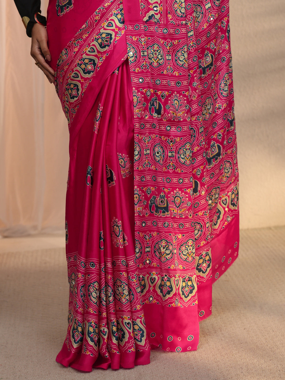 Libas Pink Mirror Work Ethnic Print Satin Saree