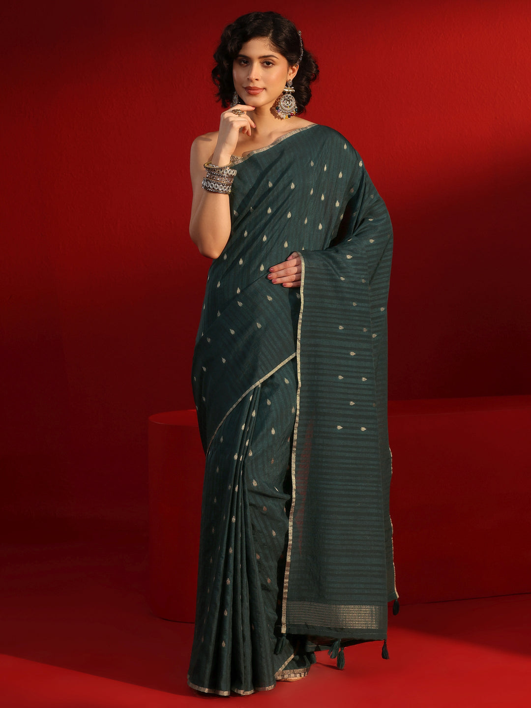 Libas Dark Green Ethnic Woven Design Silk Blend Tassel Saree