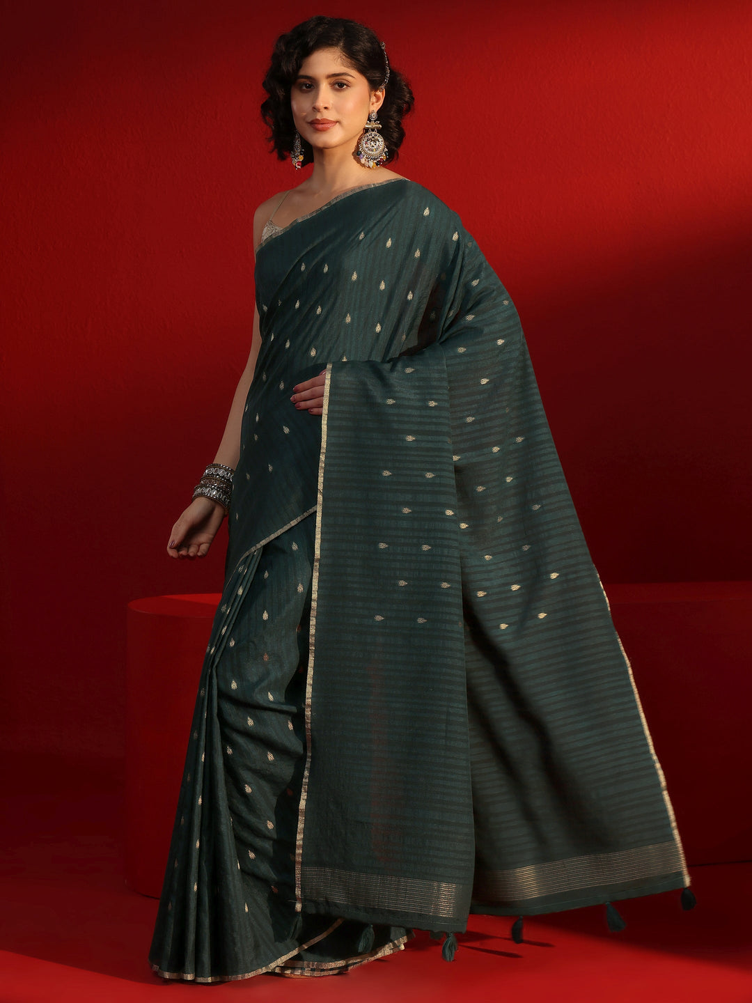 Libas Dark Green Ethnic Woven Design Silk Blend Tassel Saree