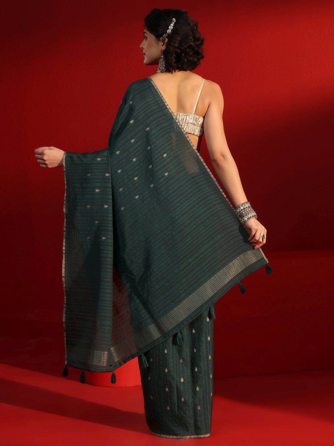 Libas Dark Green Ethnic Woven Design Silk Blend Tassel Saree