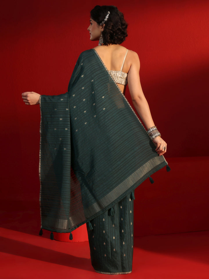 Libas Dark Green Ethnic Woven Design Silk Blend Tassel Saree