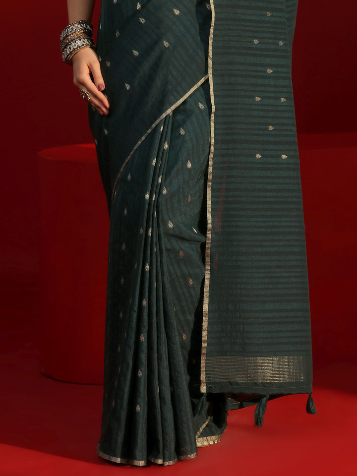 Libas Dark Green Ethnic Woven Design Silk Blend Tassel Saree