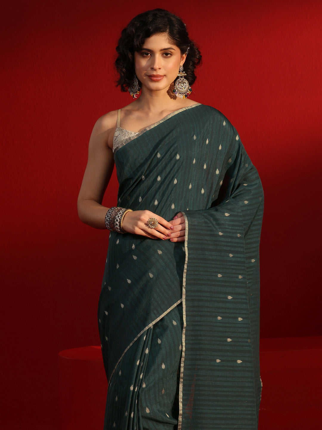 Libas Dark Green Ethnic Woven Design Silk Blend Tassel Saree