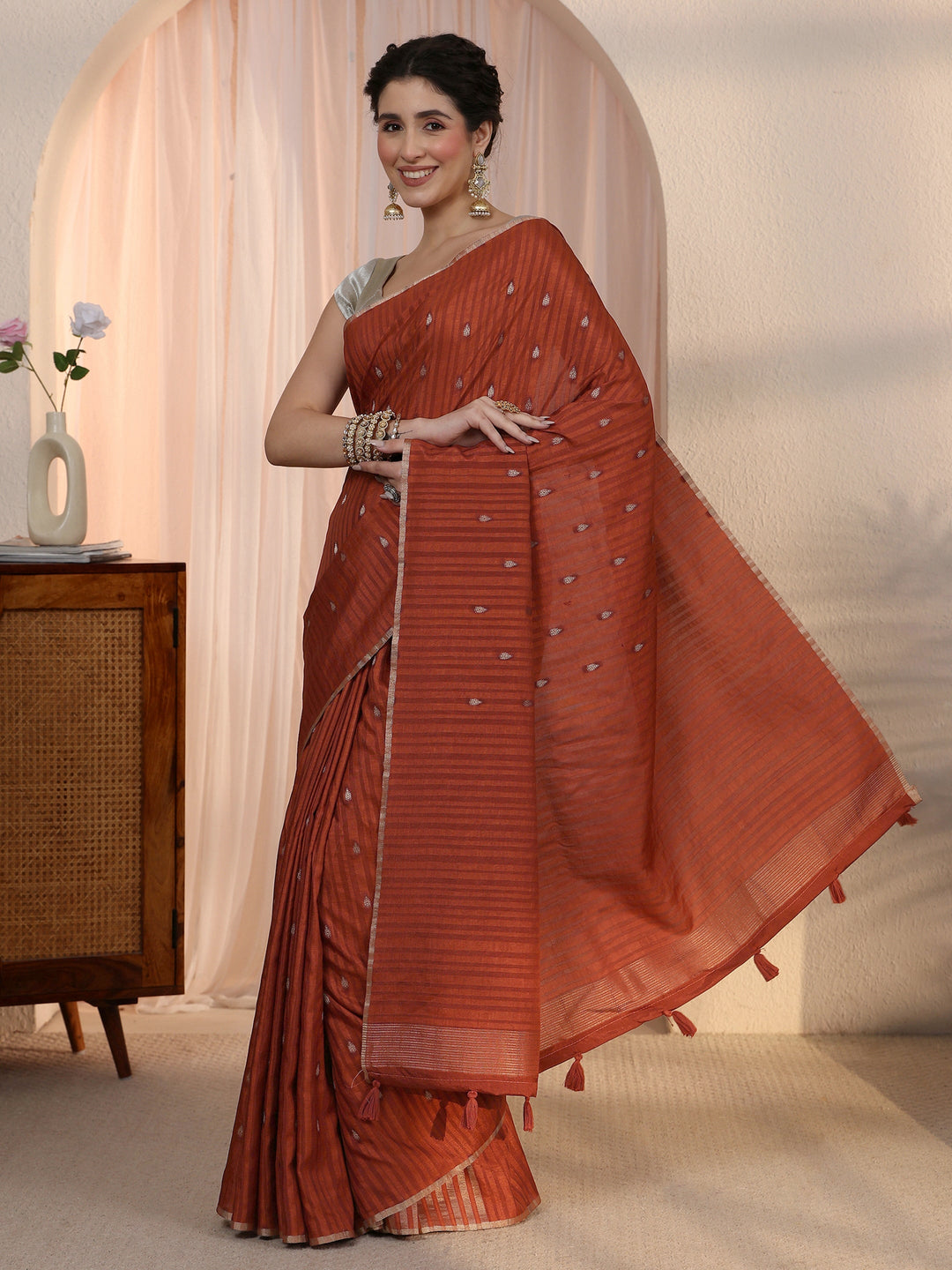 Libas Rust Leaf Woven Design Textured Silk Blend Tassel Saree