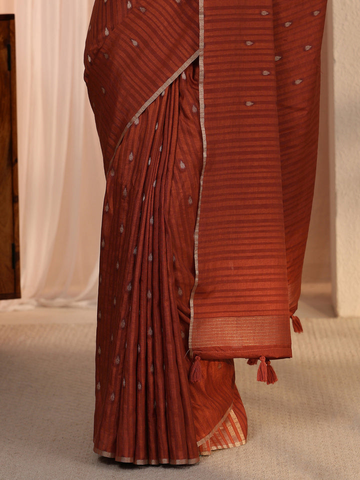 Libas Rust Leaf Woven Design Textured Silk Blend Tassel Saree
