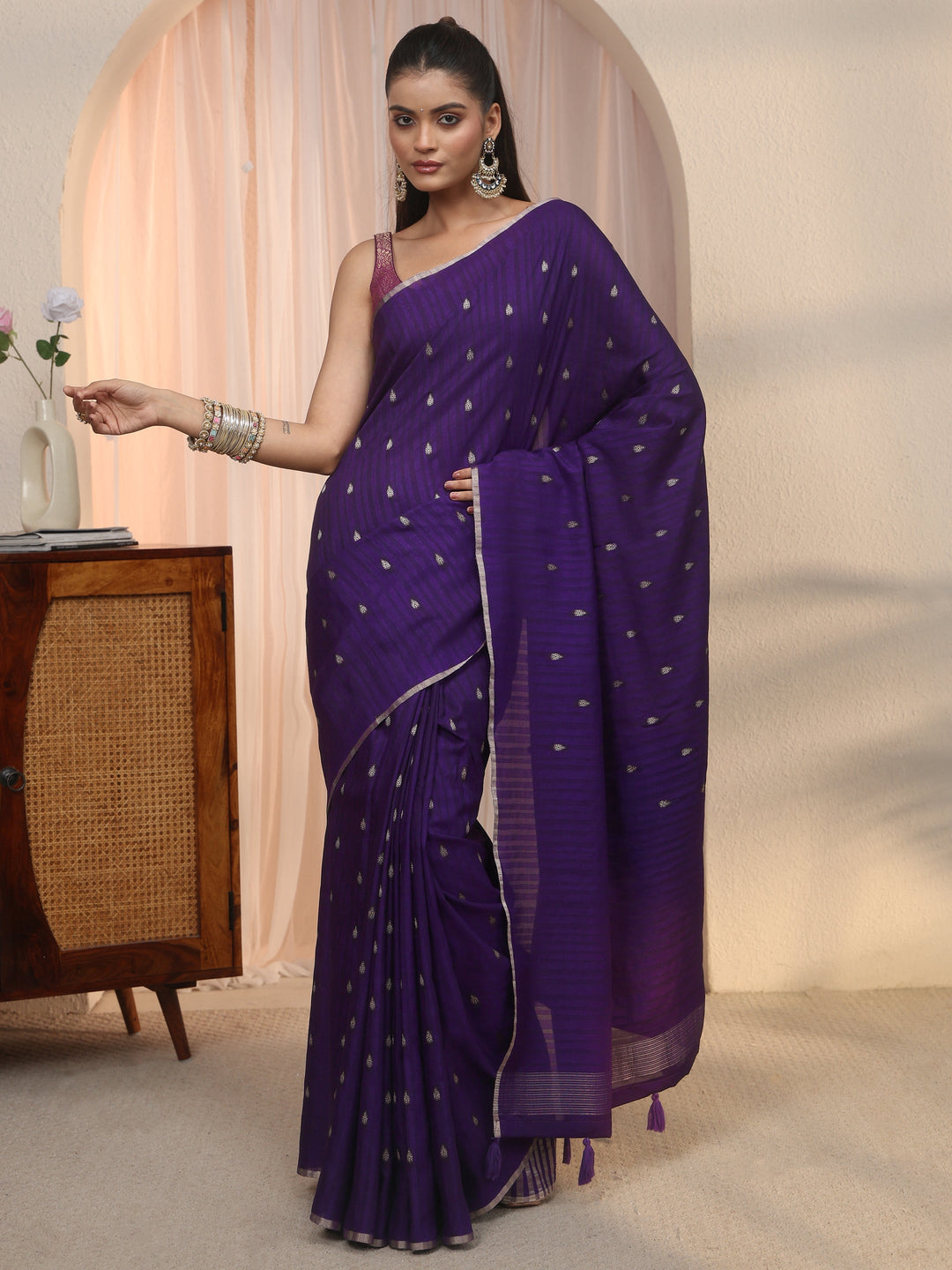 Libas Dark Purple Leaf Woven Design Textured Silk Blend Tassel Saree
