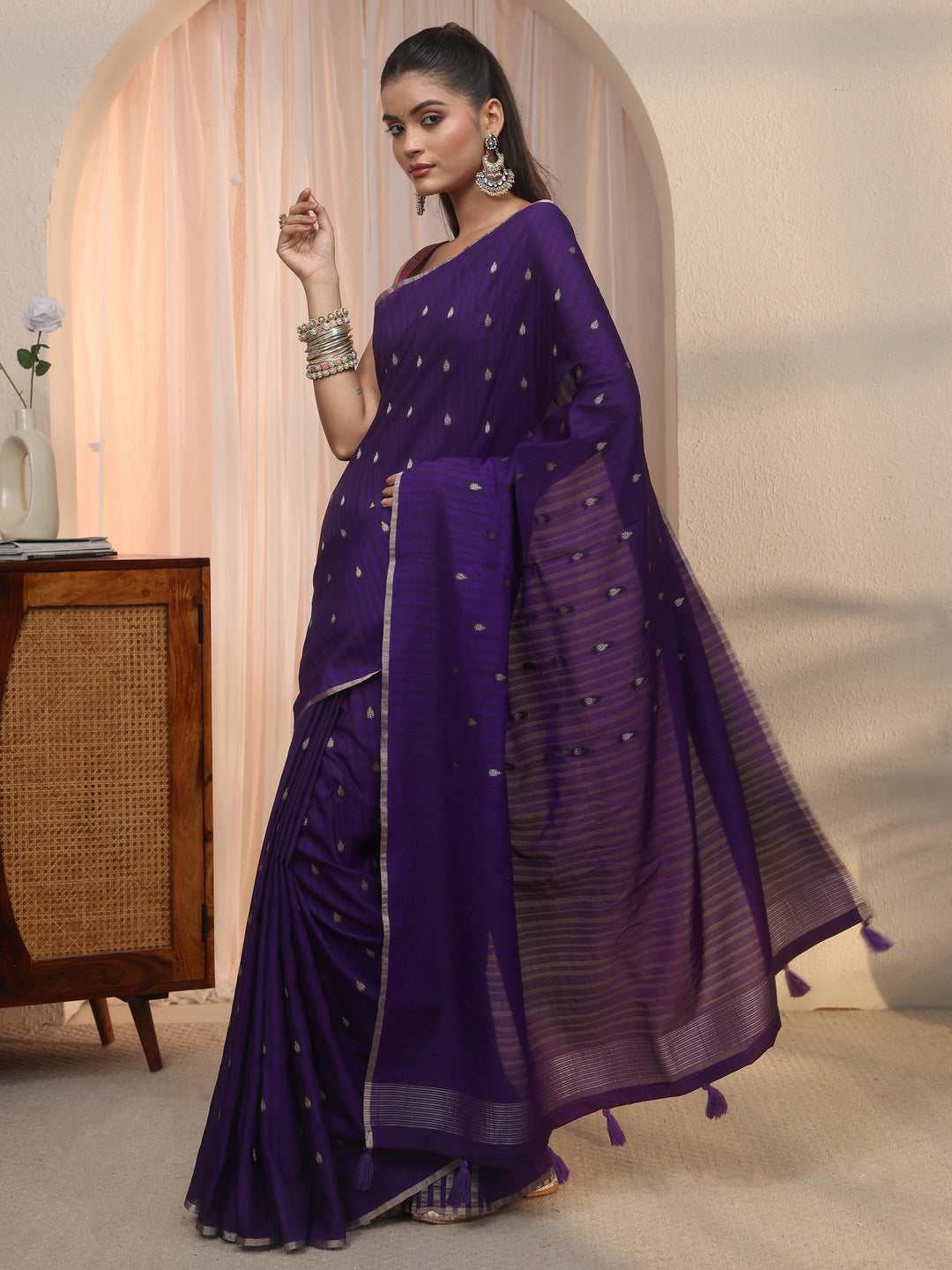 Libas Dark Purple Leaf Woven Design Textured Silk Blend Tassel Saree