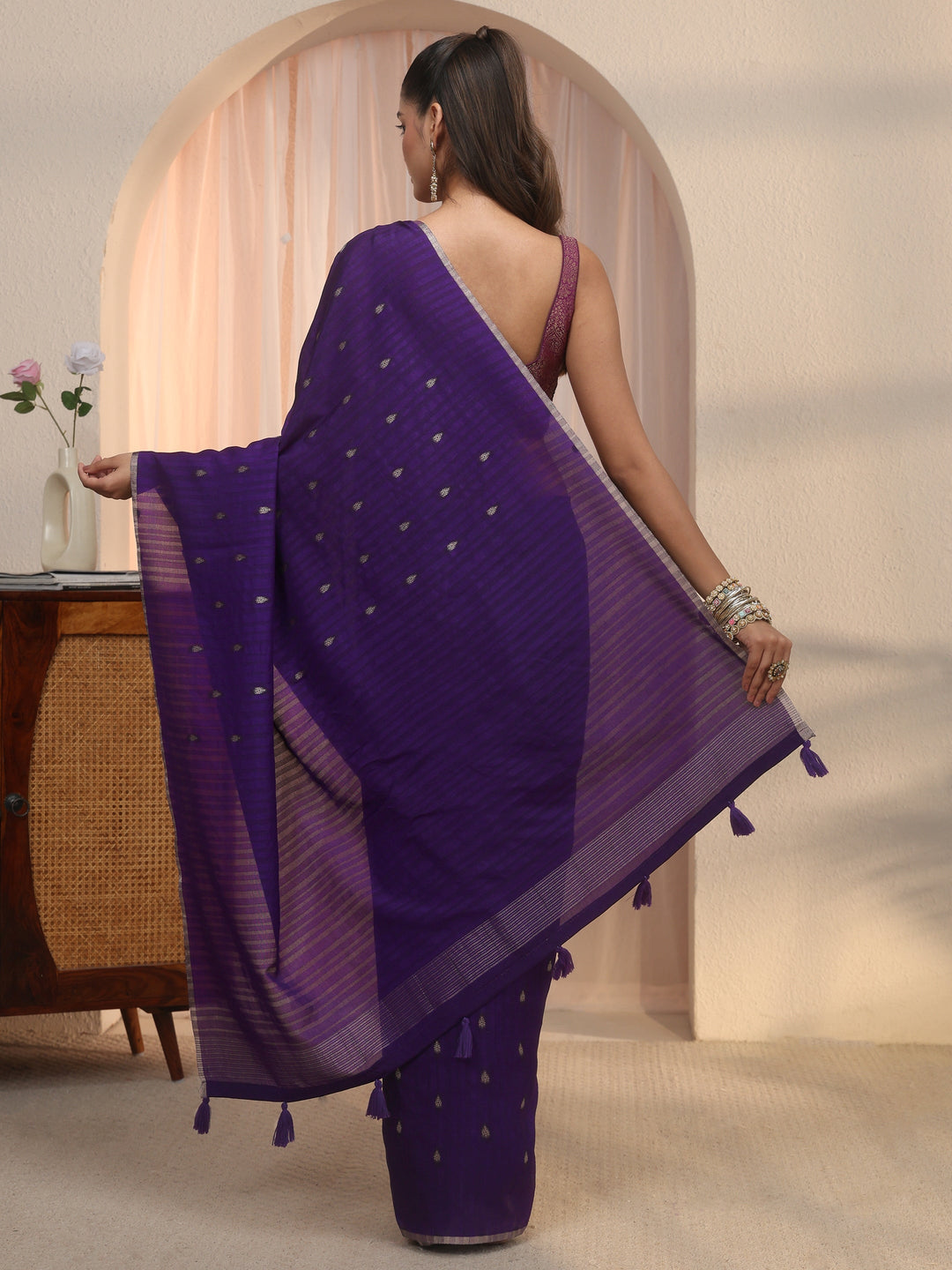 Libas Dark Purple Leaf Woven Design Textured Silk Blend Tassel Saree