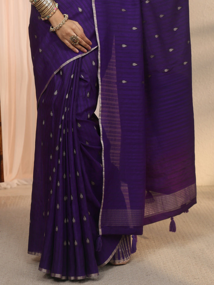 Libas Dark Purple Leaf Woven Design Textured Silk Blend Tassel Saree