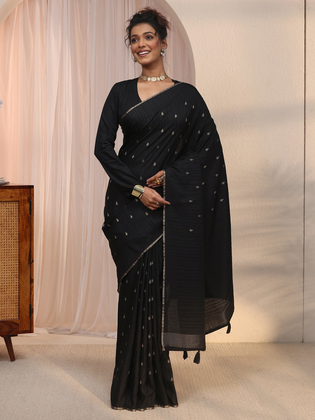 Libas Black Leaf Woven Design Textured Silk Blend Tassel Saree