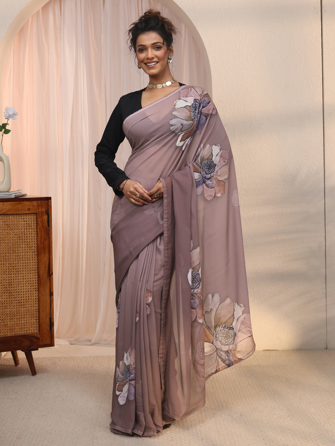 Libas Mauve Floral Printed Georgette Saree