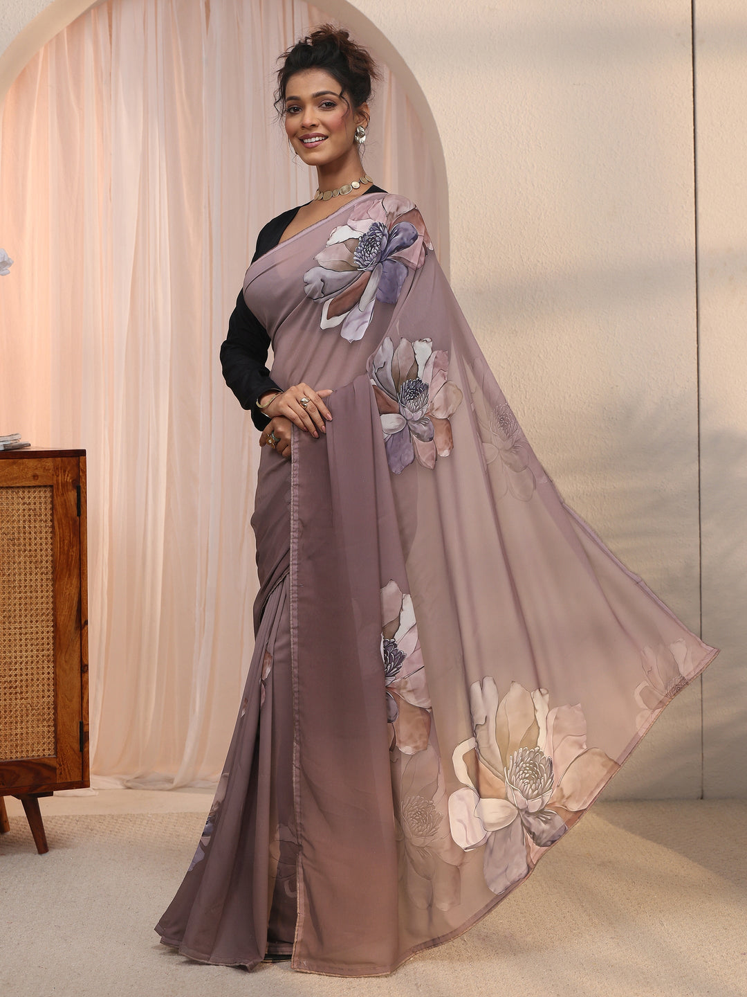 Libas Mauve Floral Printed Georgette Saree