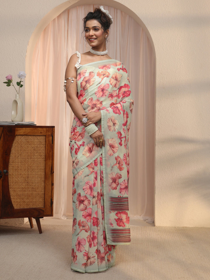 Libas Green Floral Printed Georgette Saree
