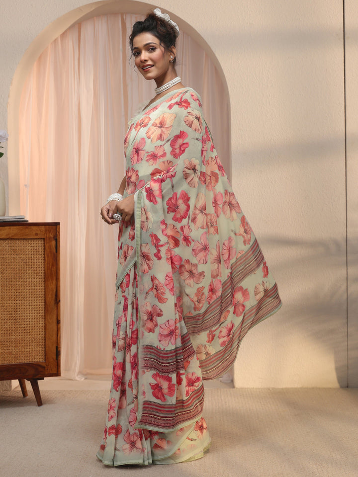 Libas Green Floral Printed Georgette Saree