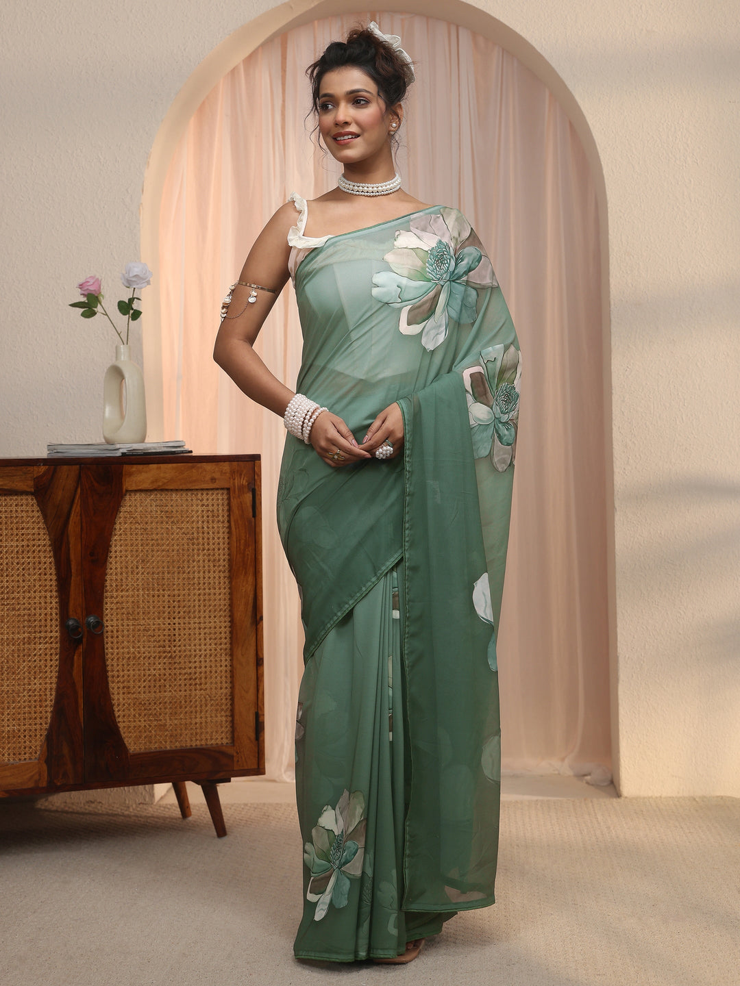 Libas Green Floral Printed Georgette Saree