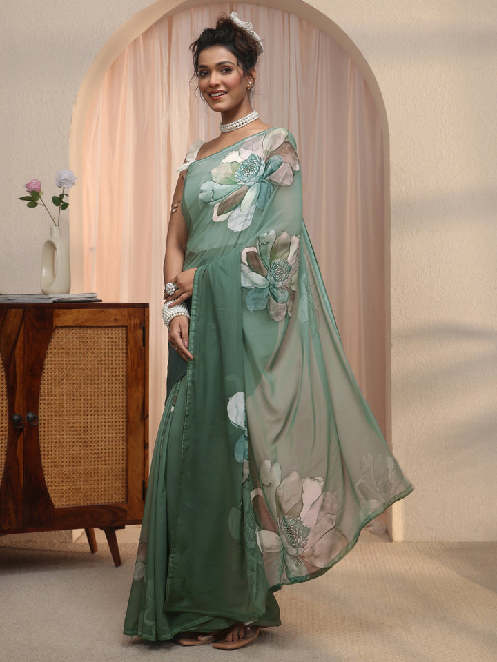 Libas Green Floral Printed Georgette Saree