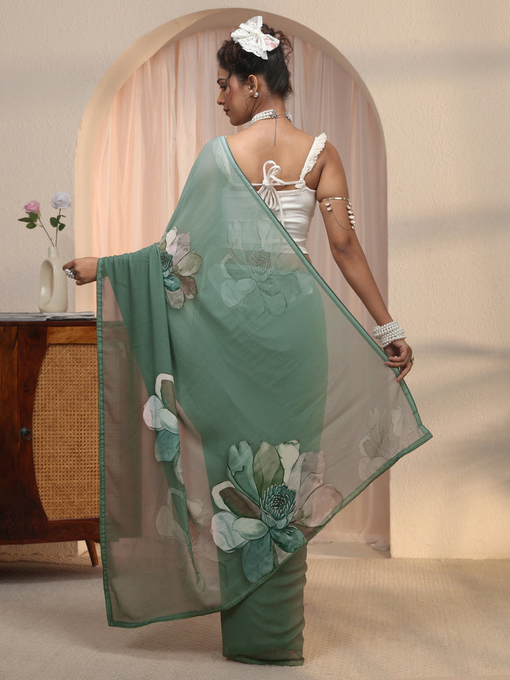 Libas Green Floral Printed Georgette Saree