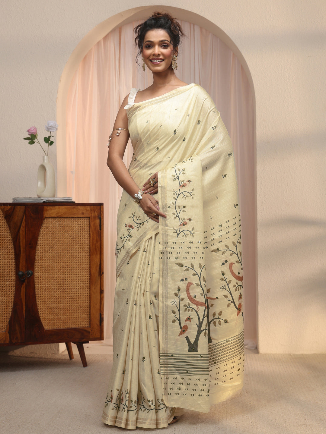 Libas Cream Bird Woven Design Pallu Silk Blend Saree