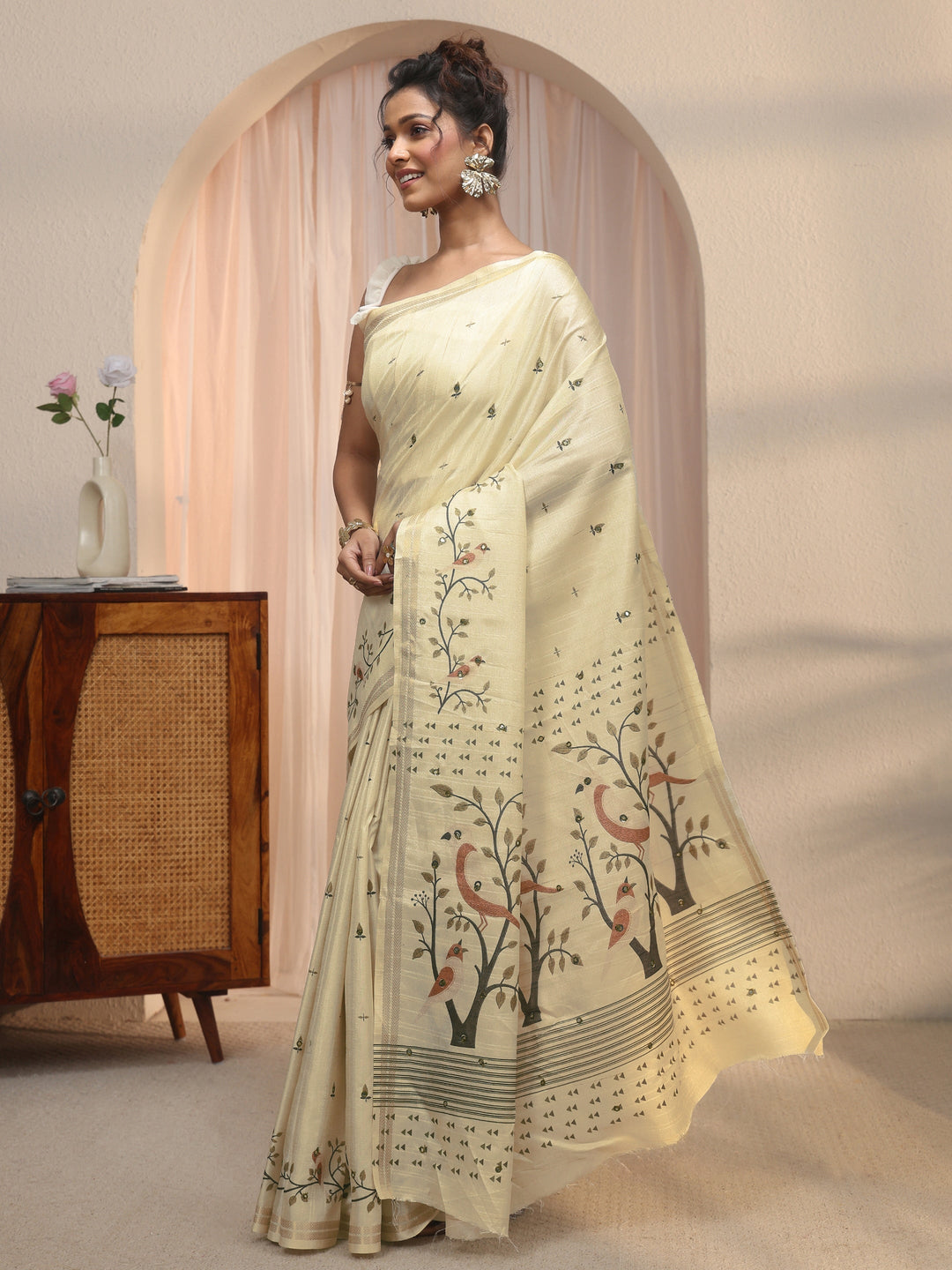 Libas Cream Bird Woven Design Pallu Silk Blend Saree