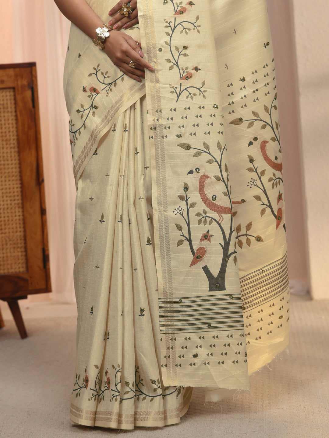Libas Cream Bird Woven Design Pallu Silk Blend Saree