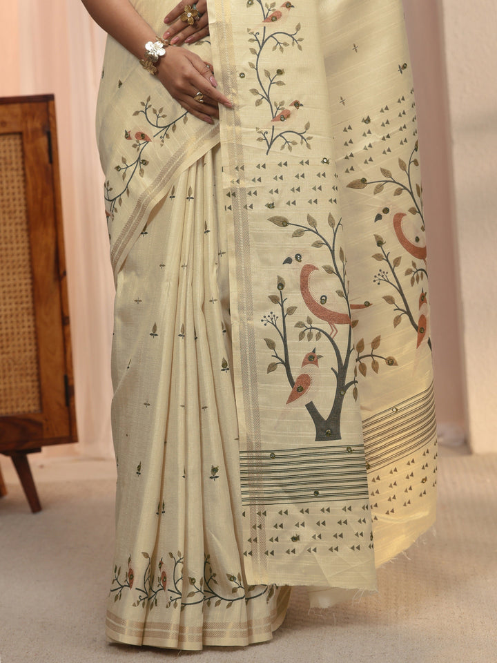 Libas Cream Bird Woven Design Pallu Silk Blend Saree
