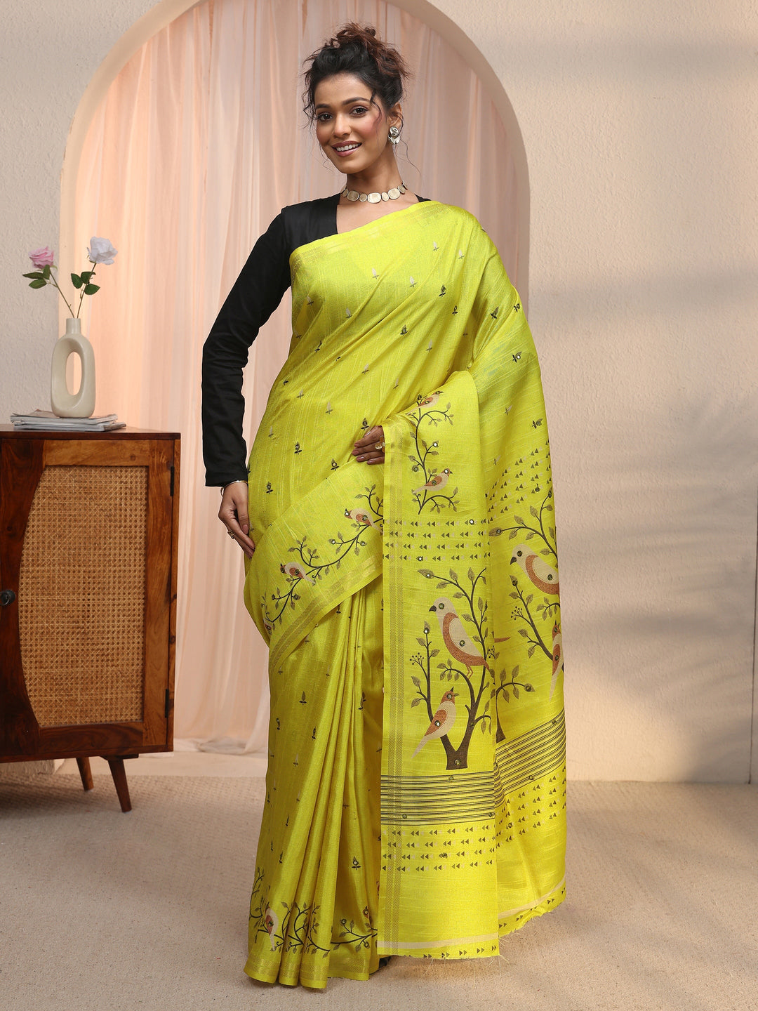 Libas Lime Green Bird Woven Design Pallu Silk Blend Saree