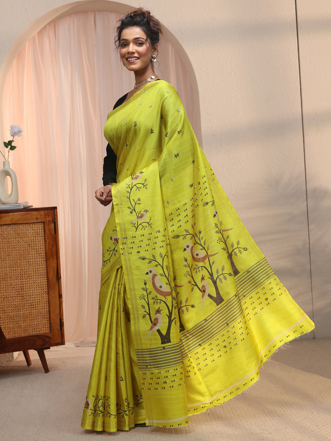 Libas Lime Green Bird Woven Design Pallu Silk Blend Saree