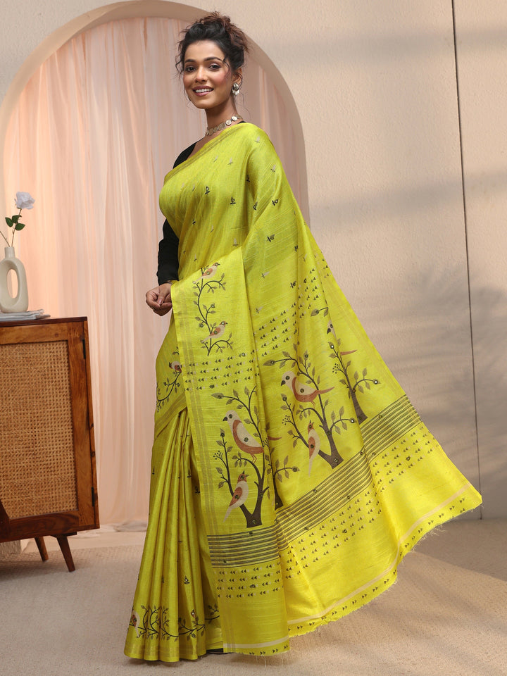 Libas Lime Green Bird Woven Design Pallu Silk Blend Saree
