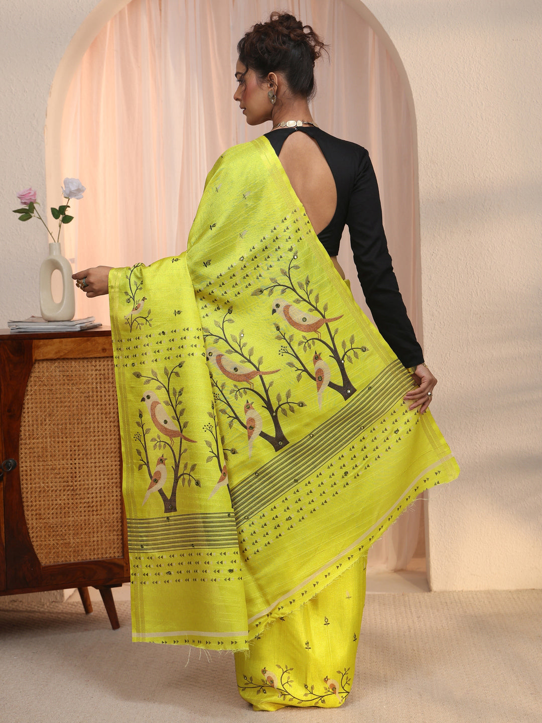 Libas Lime Green Bird Woven Design Pallu Silk Blend Saree