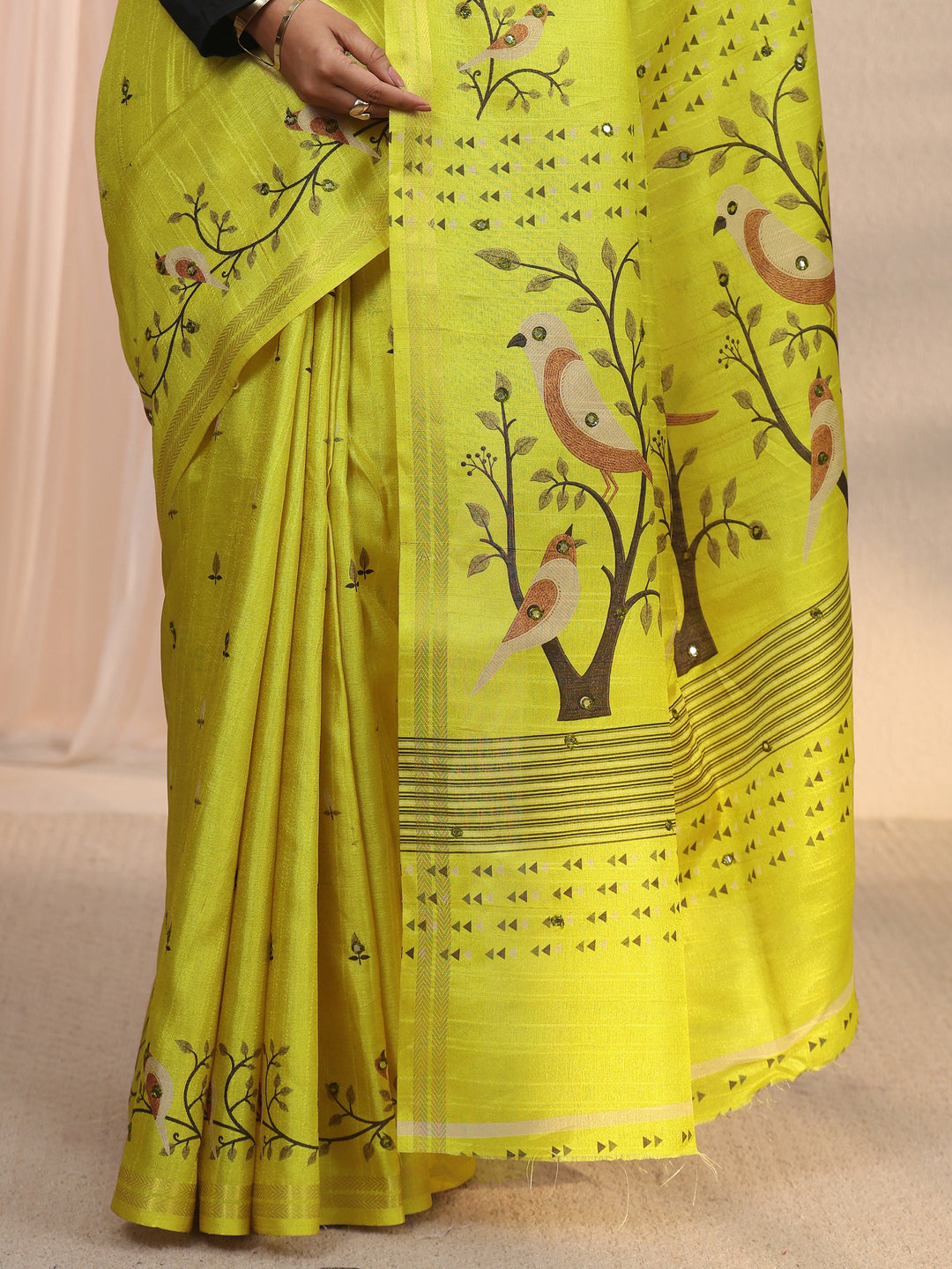 Libas Lime Green Bird Woven Design Pallu Silk Blend Saree