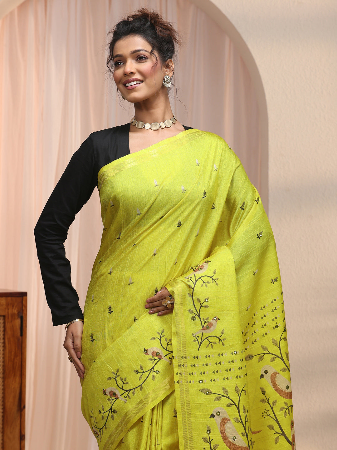 Libas Lime Green Bird Woven Design Pallu Silk Blend Saree